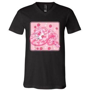 Cute Pink Strawberry Milk Snake Kawaii Ball Python V-Neck T-Shirt