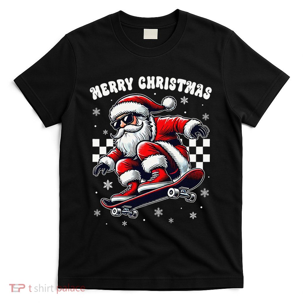 Christmas Pajamas Santa Clause Costume Skateboard Skater T-Shirt