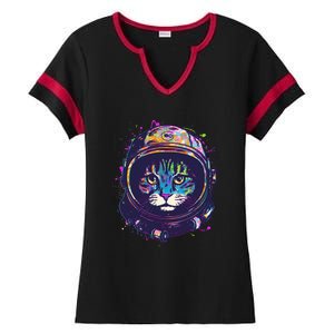 Colorful Paint Splat Astronaut Cat Ladies Halftime Notch Neck Tee