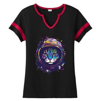 Colorful Paint Splat Astronaut Cat Ladies Halftime Notch Neck Tee