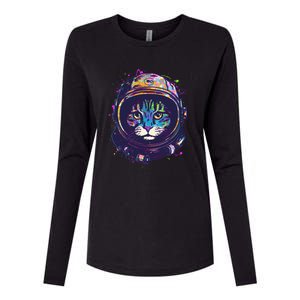 Colorful Paint Splat Astronaut Cat Womens Cotton Relaxed Long Sleeve T-Shirt