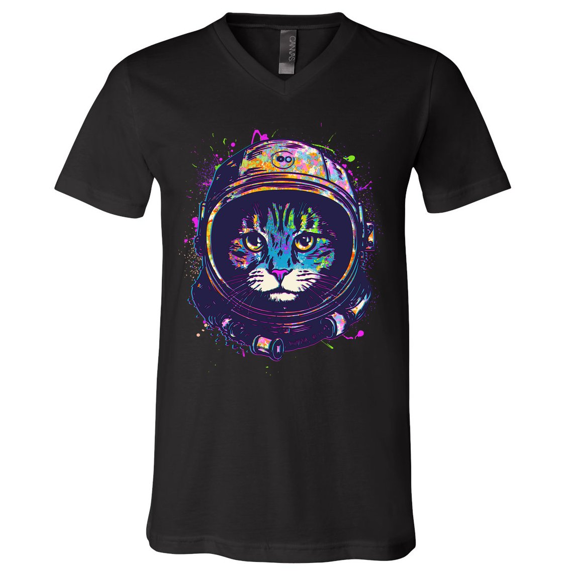 Colorful Paint Splat Astronaut Cat V-Neck T-Shirt