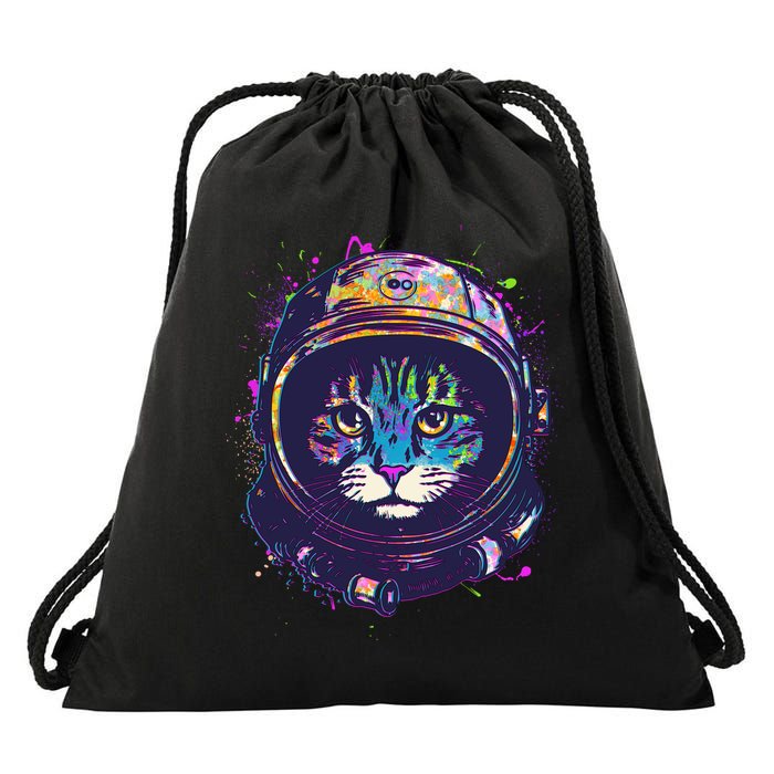 Colorful Paint Splat Astronaut Cat Drawstring Bag