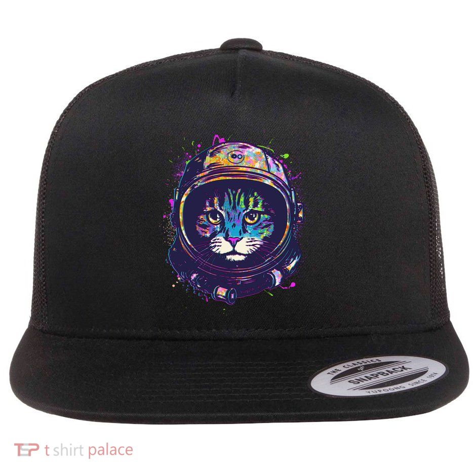 Colorful Paint Splat Astronaut Cat Flat Bill Trucker Hat