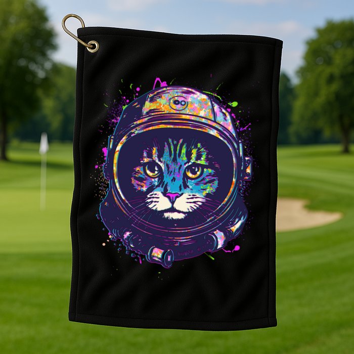 Colorful Paint Splat Astronaut Cat Golf Towel