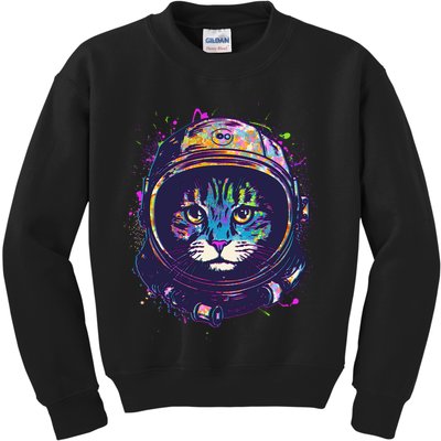Colorful Paint Splat Astronaut Cat Kids Sweatshirt
