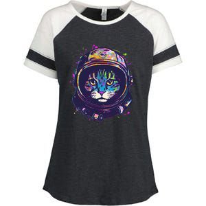 Colorful Paint Splat Astronaut Cat Enza Ladies Jersey Colorblock Tee