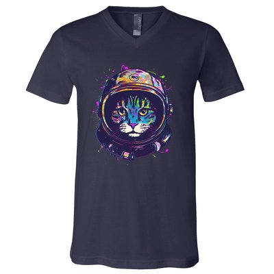 Colorful Paint Splat Astronaut Cat V-Neck T-Shirt