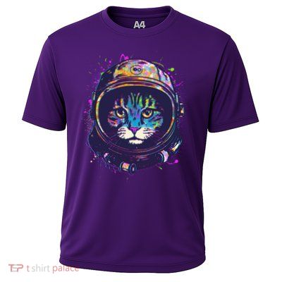 Colorful Paint Splat Astronaut Cat Cooling Performance Crew T-Shirt