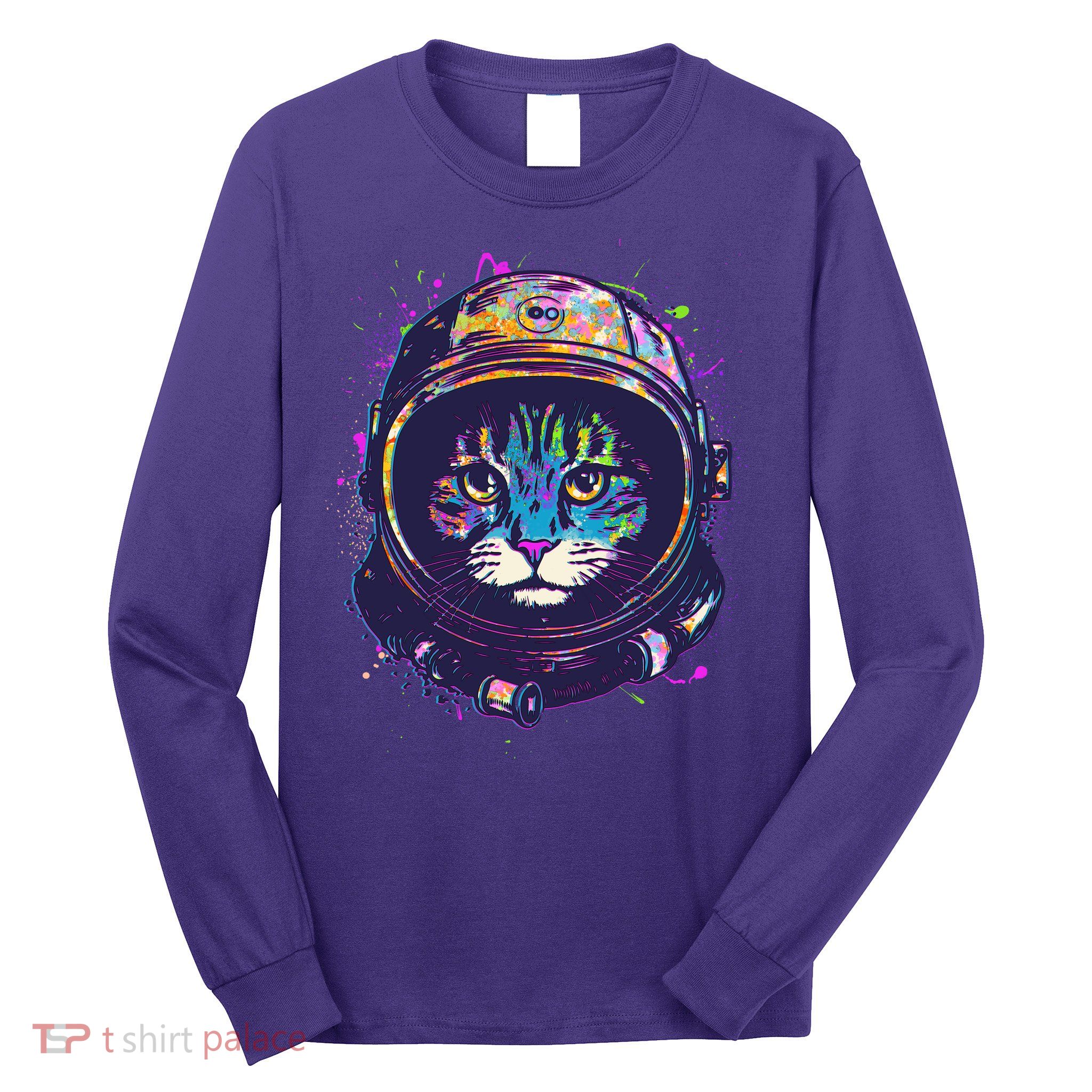 Colorful Paint Splat Astronaut Cat Long Sleeve Shirt