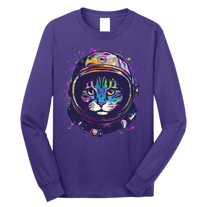 Colorful Paint Splat Astronaut Cat Long Sleeve Shirt