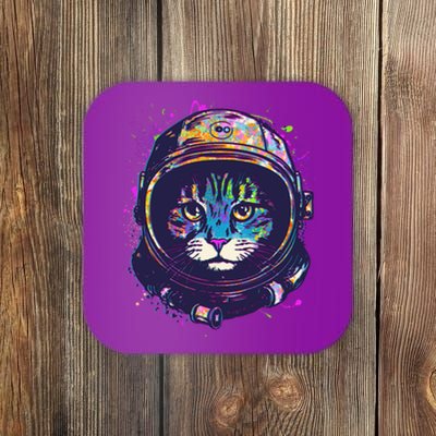 Colorful Paint Splat Astronaut Cat Coaster