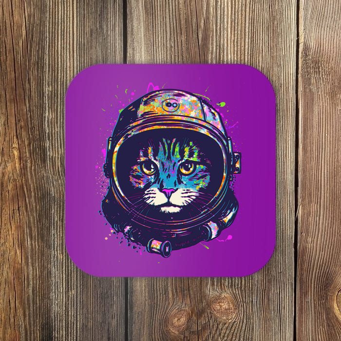 Colorful Paint Splat Astronaut Cat Coaster