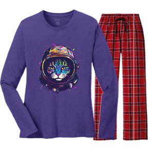 Colorful Paint Splat Astronaut Cat Women's Long Sleeve Flannel Pajama Set 