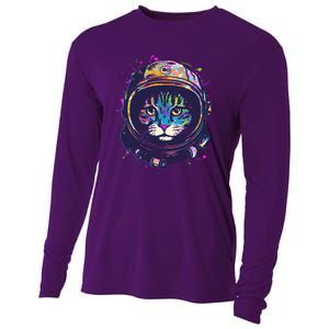 Colorful Paint Splat Astronaut Cat Cooling Performance Long Sleeve Crew