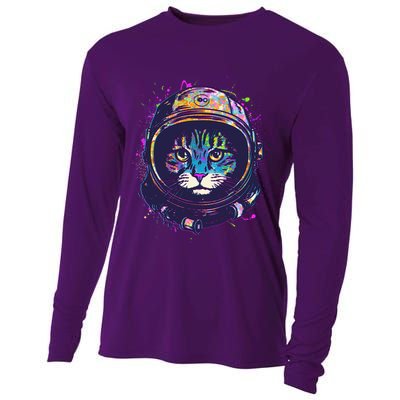 Colorful Paint Splat Astronaut Cat Cooling Performance Long Sleeve Crew