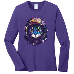 Colorful Paint Splat Astronaut Cat Ladies Long Sleeve Shirt