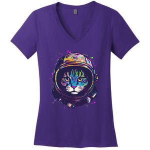 Colorful Paint Splat Astronaut Cat Women's V-Neck T-Shirt