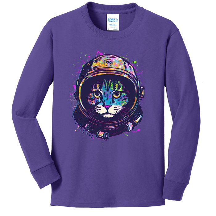 Colorful Paint Splat Astronaut Cat Kids Long Sleeve Shirt