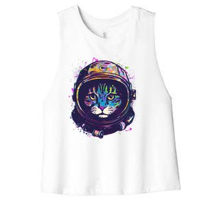 Colorful Paint Splat Astronaut Cat Women's Racerback Cropped Tank