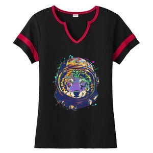 Colorful Paint Splat Astronaut Wolf Ladies Halftime Notch Neck Tee