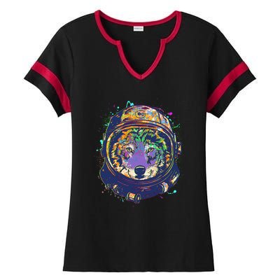 Colorful Paint Splat Astronaut Wolf Ladies Halftime Notch Neck Tee