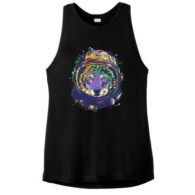 Colorful Paint Splat Astronaut Wolf Ladies PosiCharge Tri-Blend Wicking Tank