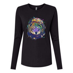 Colorful Paint Splat Astronaut Wolf Womens Cotton Relaxed Long Sleeve T-Shirt