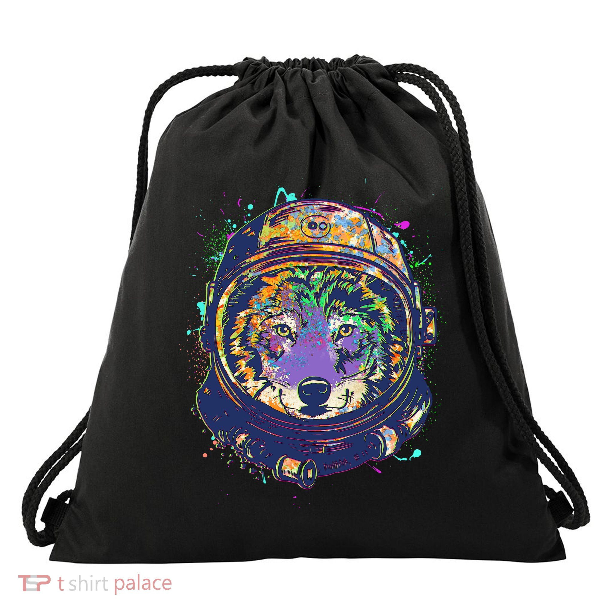 Colorful Paint Splat Astronaut Wolf Drawstring Bag