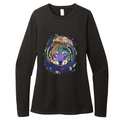 Colorful Paint Splat Astronaut Wolf Womens CVC Long Sleeve Shirt