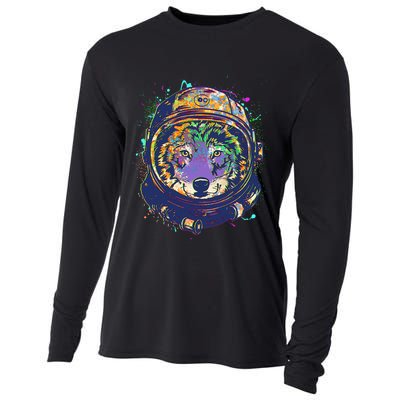 Colorful Paint Splat Astronaut Wolf Cooling Performance Long Sleeve Crew