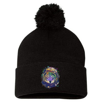 Colorful Paint Splat Astronaut Wolf Pom Pom 12in Knit Beanie