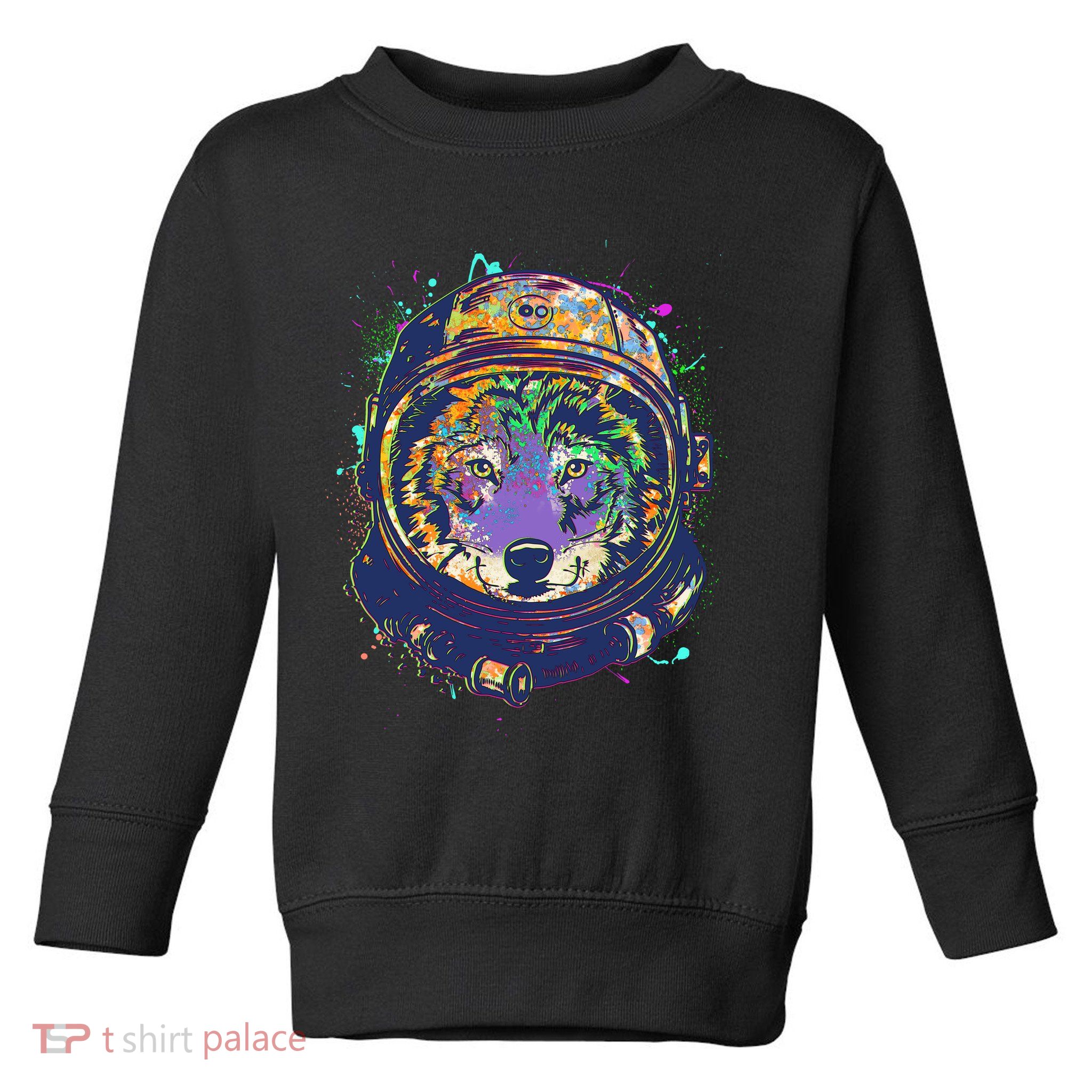 Colorful Paint Splat Astronaut Wolf Toddler Sweatshirt