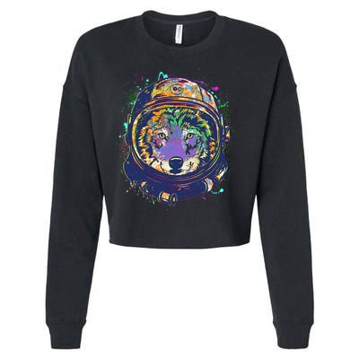 Colorful Paint Splat Astronaut Wolf Cropped Pullover Crew