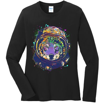 Colorful Paint Splat Astronaut Wolf Ladies Long Sleeve Shirt