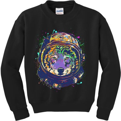 Colorful Paint Splat Astronaut Wolf Kids Sweatshirt