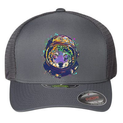 Colorful Paint Splat Astronaut Wolf Flexfit Unipanel Trucker Cap