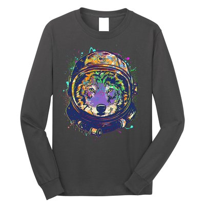 Colorful Paint Splat Astronaut Wolf Long Sleeve Shirt