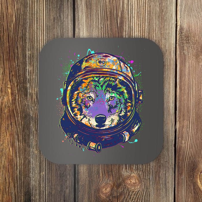 Colorful Paint Splat Astronaut Wolf Coaster