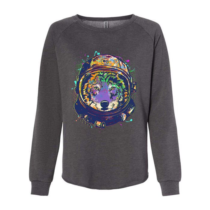 Colorful Paint Splat Astronaut Wolf Womens California Wash Sweatshirt