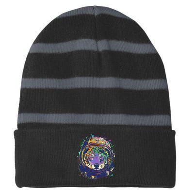 Colorful Paint Splat Astronaut Wolf Striped Beanie with Solid Band