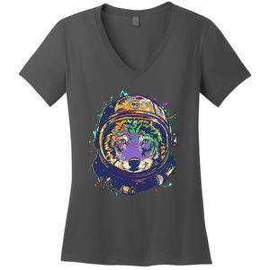 Colorful Paint Splat Astronaut Wolf Women's V-Neck T-Shirt