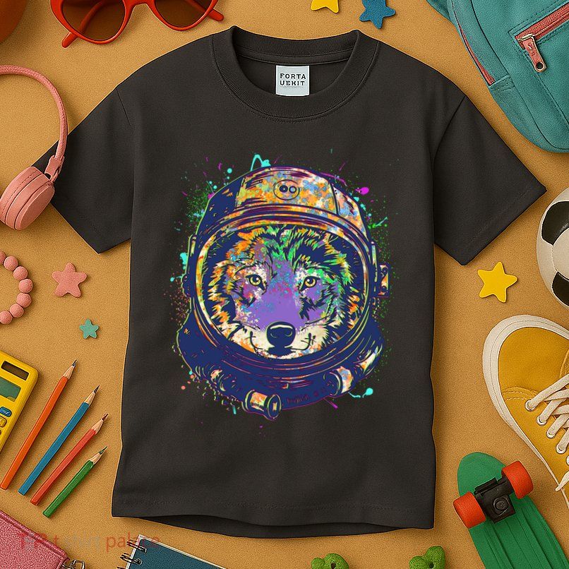 Colorful Paint Splat Astronaut Wolf Kids T-Shirt