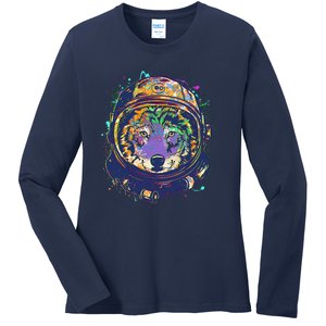 Colorful Paint Splat Astronaut Wolf Ladies Long Sleeve Shirt