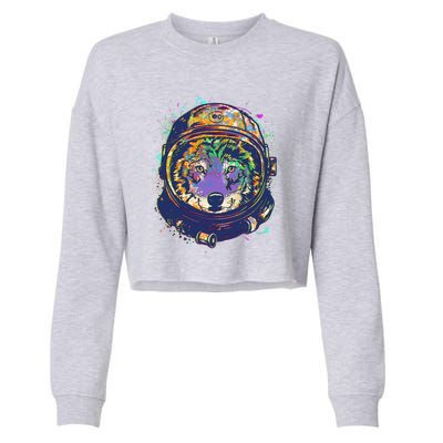 Colorful Paint Splat Astronaut Wolf Cropped Pullover Crew