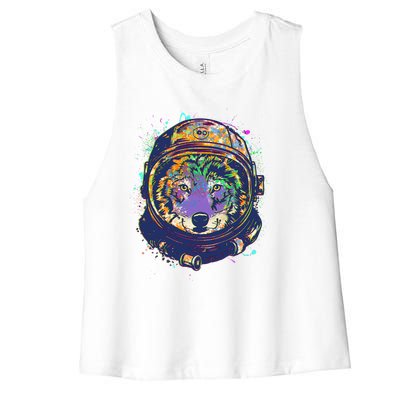 Colorful Paint Splat Astronaut Wolf Women's Racerback Cropped Tank