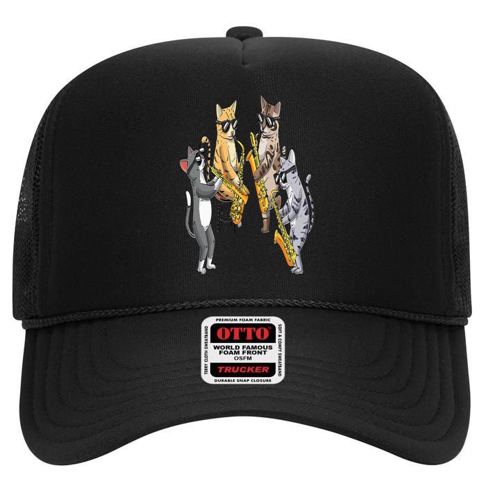 Cats Playing Saxophone Jazz Sax Musician Saxophonist High Crown Mesh Back Trucker Hat