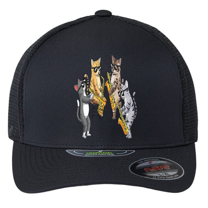 Cats Playing Saxophone Jazz Sax Musician Saxophonist Flexfit Unipanel Trucker Cap