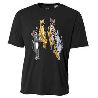 Cats Playing Saxophone Jazz Sax Musician Saxophonist Cooling Performance Crew T-Shirt