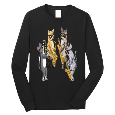 Cats Playing Saxophone Jazz Sax Musician Saxophonist Long Sleeve Shirt